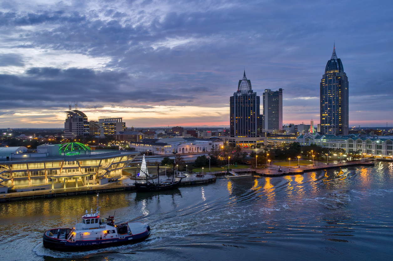Mobile, Alabama skyline at dusk